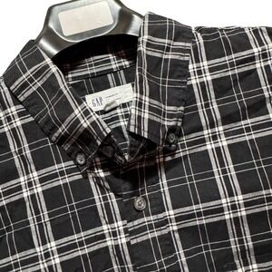 Gap Shirt Large Mens Poplin Black‎ White Plaid Stretch Button Down Long Sleeve